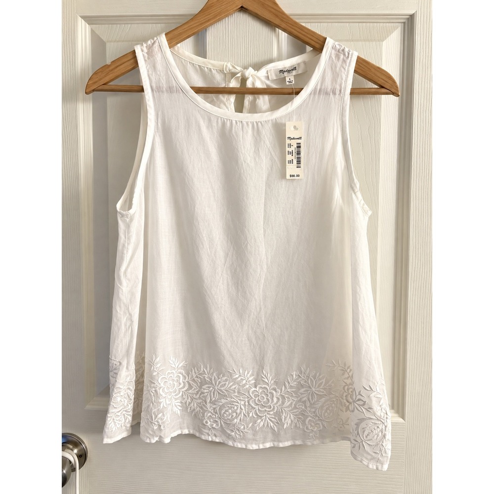 Madewell NWT White Cotton Silk Embroidered Open Back Tie Top Size S